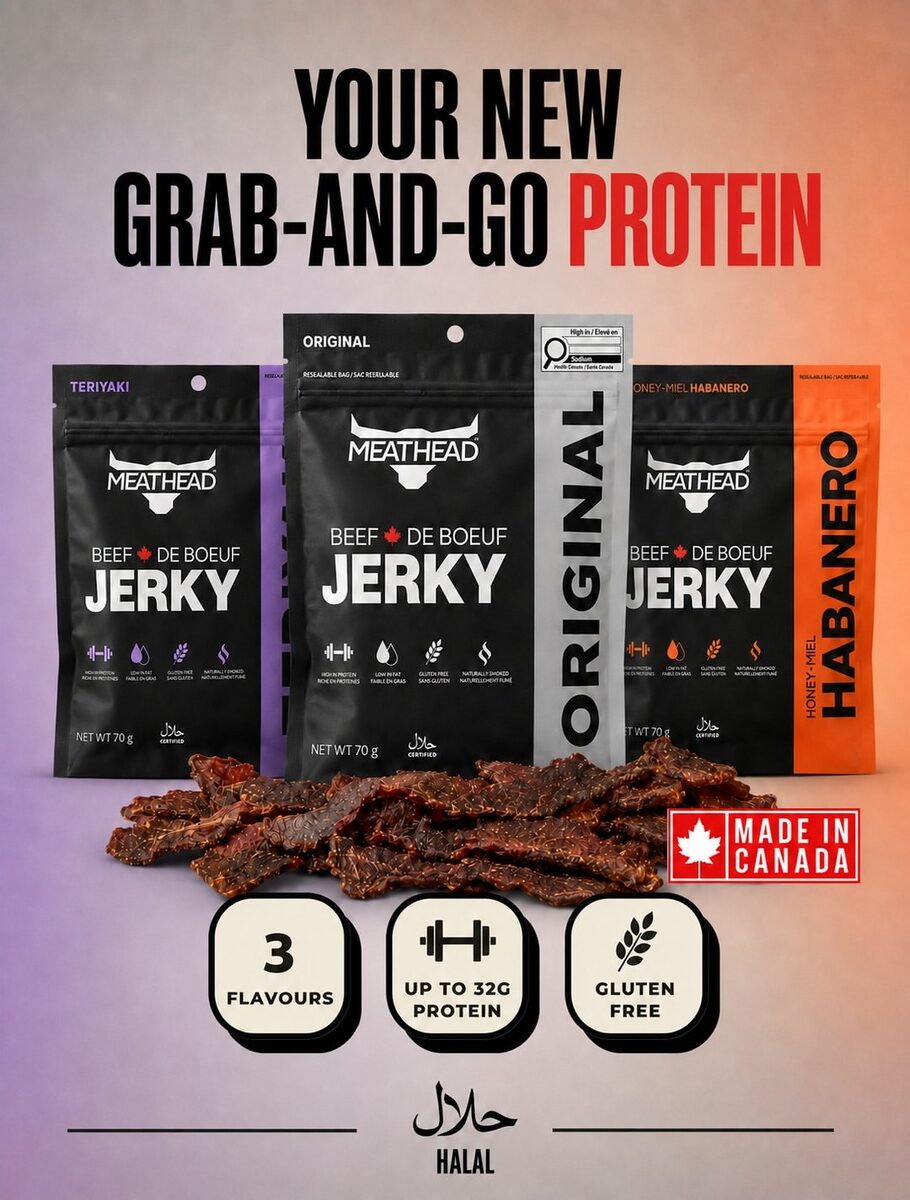 Meathead Beef Jerky grab-and-go display, 3 flavours, up to 32g protein, gluten free, halal